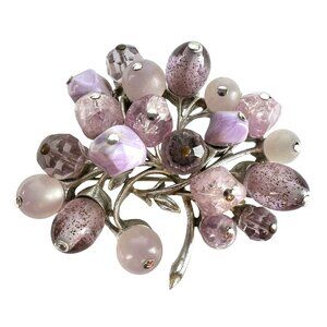 Vintage Coro Cluster Lavender Bead Brooch Silver Tone Floral Design